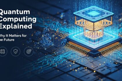 Quantum computing explained showing a futuristic quantum processor and how quantum technology will shape the future of science, cybersecurity, and business