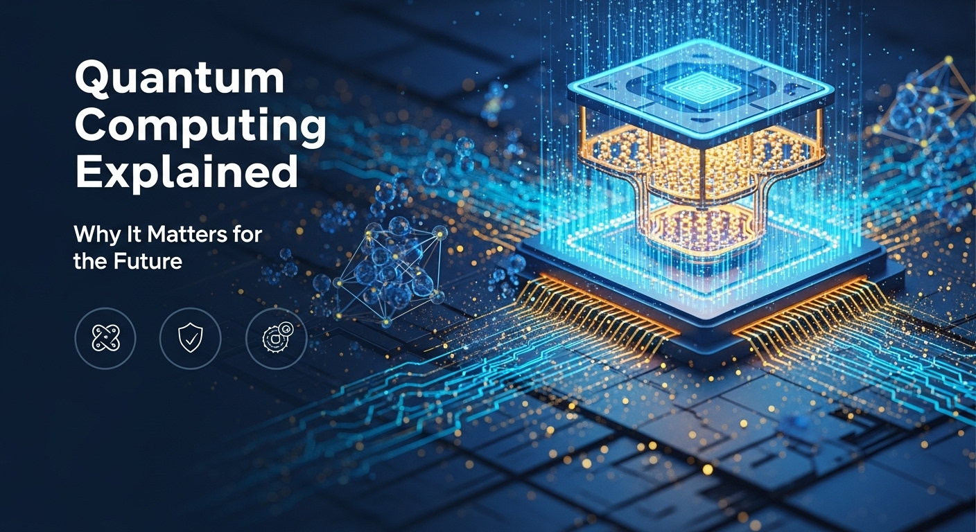 Quantum computing explained showing a futuristic quantum processor and how quantum technology will shape the future of science, cybersecurity, and business