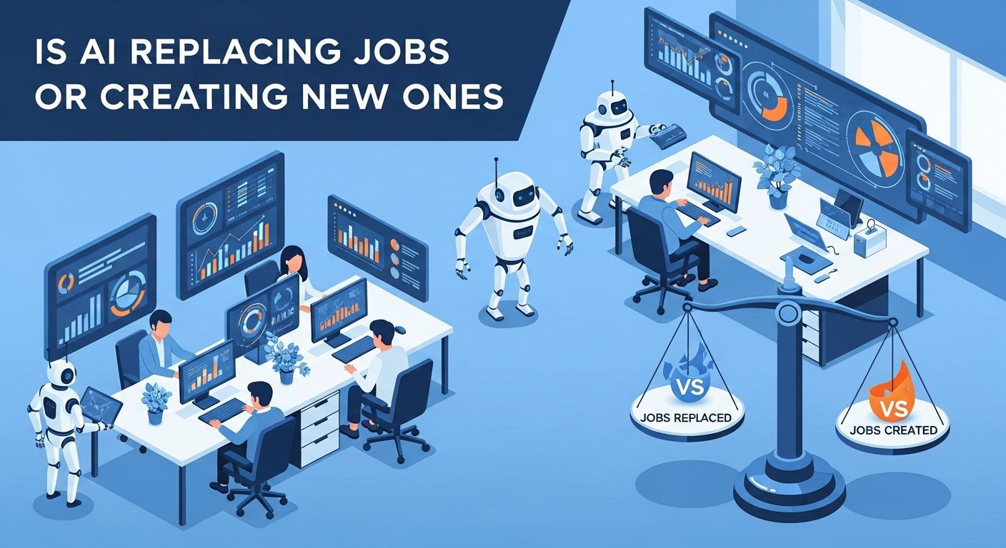 Artificial intelligence in the workplace showing AI replacing some jobs while creating new opportunities across industries