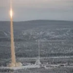 Rocket launch at Esrange Space Centre in Swedish Lapland under dark Arctic sky