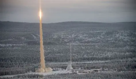 Rocket launch at Esrange Space Centre in Swedish Lapland under dark Arctic sky