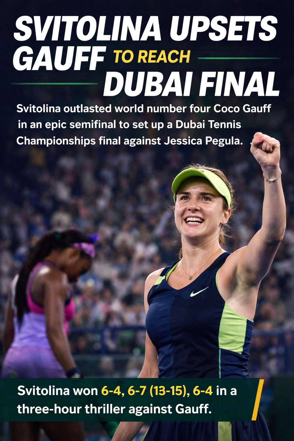 Elina Svitolina celebrates after defeating Coco Gauff in Dubai semifinal