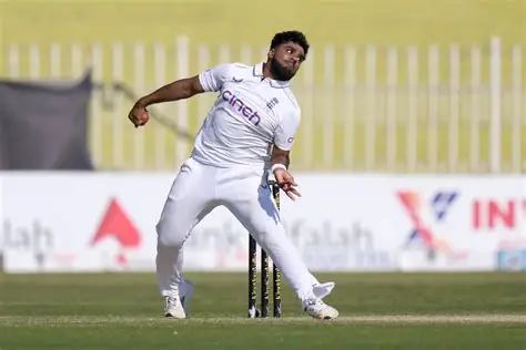 Rehan Ahmed bowling for England in T20 cricket