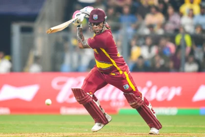 Shimron Hetmyer hitting a six for West Indies in T20 World Cup match against Zimbabwe