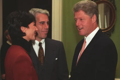 Bill Clinton with Ghislaine Maxwell and Jeffrey Epstein at social event