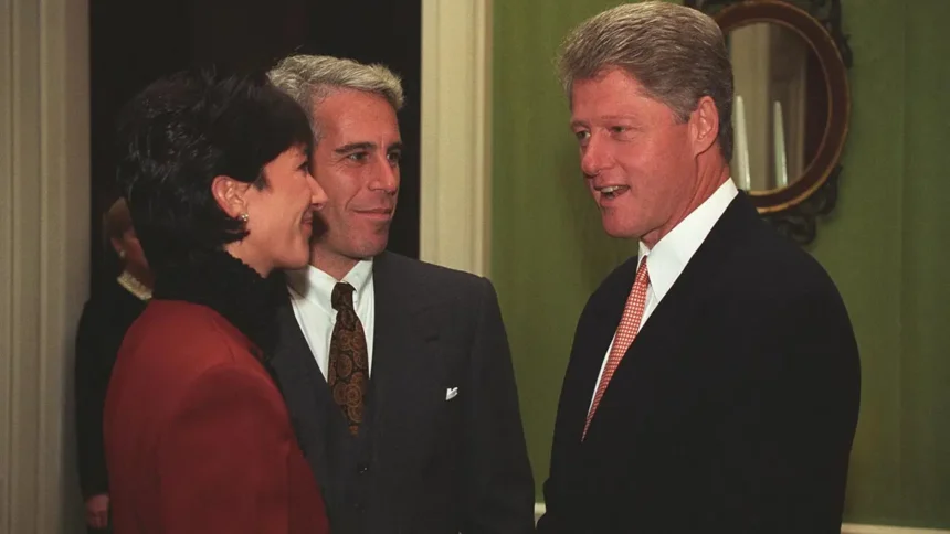 Bill Clinton with Ghislaine Maxwell and Jeffrey Epstein at social event