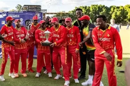 Zimbabwe cricket players celebrating a wicket during a World Cup match