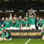 Ireland rugby players Robert Baloucoune and Tommy O’Brien celebrate a try against England at Allianz Stadium during the Six Nations 2026 match.
