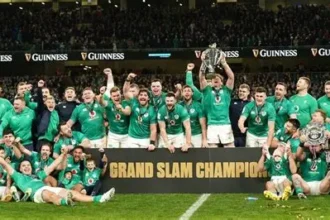 Ireland rugby players Robert Baloucoune and Tommy O’Brien celebrate a try against England at Allianz Stadium during the Six Nations 2026 match.