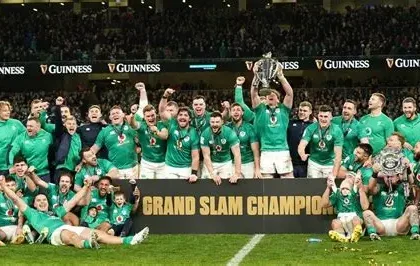 Ireland rugby players Robert Baloucoune and Tommy O’Brien celebrate a try against England at Allianz Stadium during the Six Nations 2026 match.