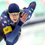 Jordan Stolz competing in the mass start speed skating event at the 2026 Winter Olympics
