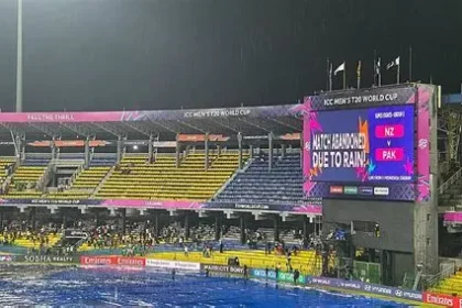 R Premadasa Stadium in Colombo covered with tarpaulins as rain cancels the T20 World Cup match between New Zealand and Pakistan.