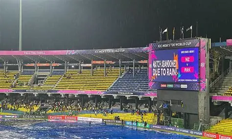 R Premadasa Stadium in Colombo covered with tarpaulins as rain cancels the T20 World Cup match between New Zealand and Pakistan.