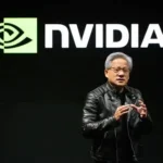 Nvidia headquarters with AI graphics overlay representing chip demand