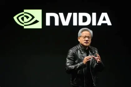 Nvidia headquarters with AI graphics overlay representing chip demand