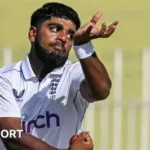 Rehan Ahmed celebrating a wicket for England in T20 World Cup