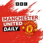 Manchester United Old Trafford stadium with financial charts overlay