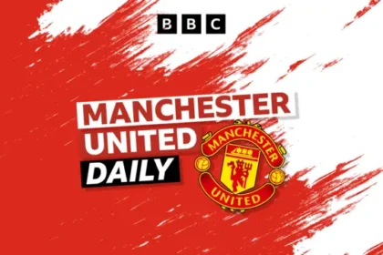 Manchester United Old Trafford stadium with financial charts overlay