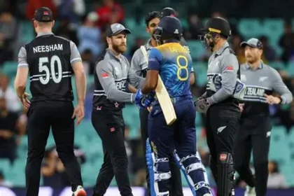 New Zealand players celebrate as Sri Lanka collapses in T20 World Cup Super 8 match
