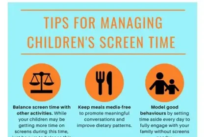 Child using tablet with parent managing screen time at home