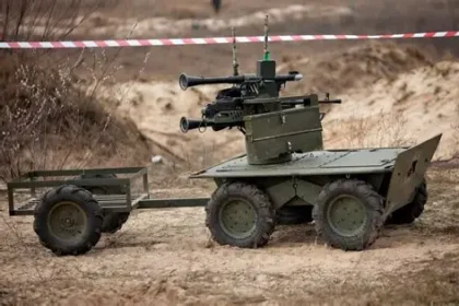 Ukrainian armed UGV firing at Russian armored personnel carrier