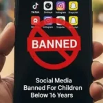 Teenager using a smartphone with social media apps while restrictions warning appears