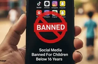 Teenager using a smartphone with social media apps while restrictions warning appears