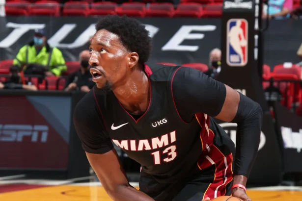 Bam Adebayo celebrates after scoring 83 points in Miami Heat win