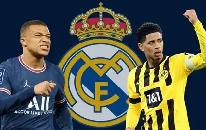 Jude Bellingham and Kylian Mbappe training with Real Madrid before the Manchester City Champions League match