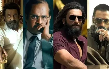 Crowded Indian cinema hall with audiences cheering during a Bollywood action film screening