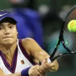 Emma Raducanu reacts during her straight-sets defeat to Amanda Anisimova at Indian Wells.