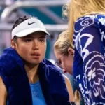 Emma Raducanu during a match withdrawing from Miami Open due to illness recovery