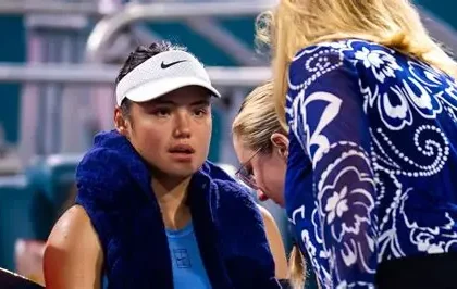 Emma Raducanu during a match withdrawing from Miami Open due to illness recovery