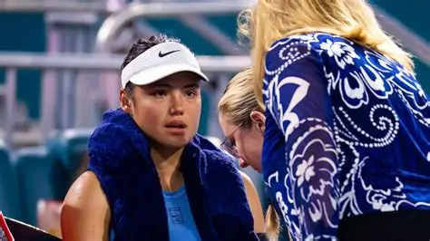 Emma Raducanu during a match withdrawing from Miami Open due to illness recovery