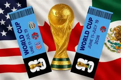 Fans protesting high FIFA World Cup ticket prices outside a stadium