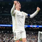 Federico Valverde celebrating after scoring a goal for Real Madrid against Manchester City.