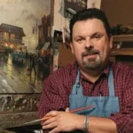 Thomas Kinkade painting of a glowing cottage in a peaceful landscape