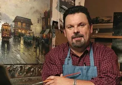 Thomas Kinkade painting of a glowing cottage in a peaceful landscape