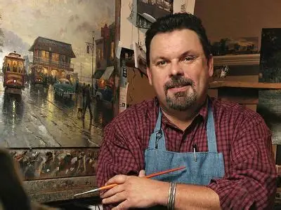 Thomas Kinkade painting of a glowing cottage in a peaceful landscape