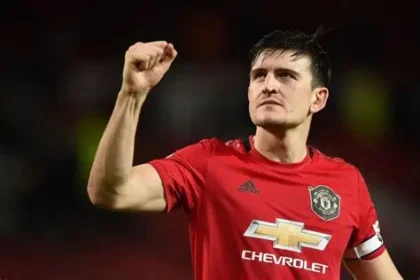 Harry Maguire reacting during a football match
