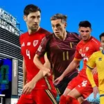 Wales players celebrating during a World Cup play-off match at Cardiff City Stadium