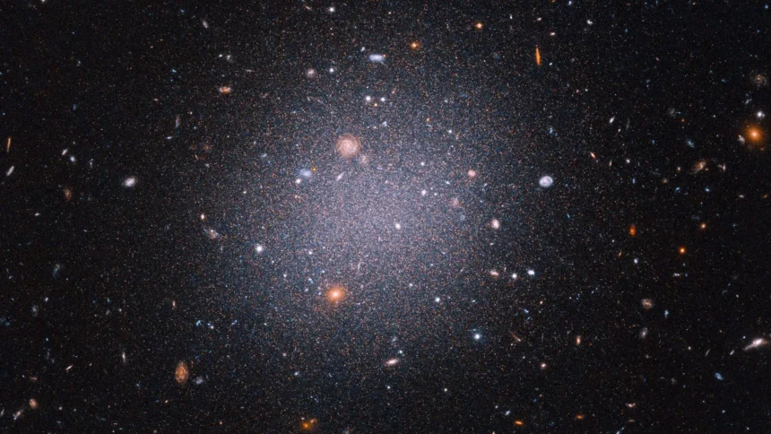 Hubble telescope image showing faint dark galaxy CDG-2 with globular clusters