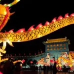 Lunar New Year celebrations in China with colorful decorations