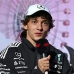 Kimi Antonelli celebrating his Japanese Grand Prix victory after taking championship lead