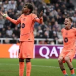 Lamine Yamal scoring late penalty against Newcastle in Champions League