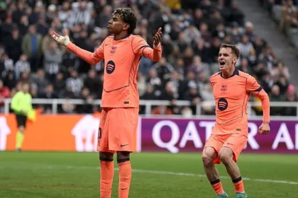 Lamine Yamal scoring late penalty against Newcastle in Champions League