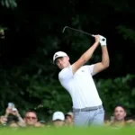 Ludvig Åberg celebrating after a successful shot during The Players Championship at TPC Sawgrass.