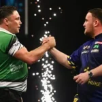 Luke Littler celebrating dramatic comeback win against Gerwyn Price in Dublin darts match