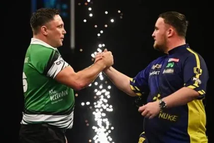 Luke Littler celebrating dramatic comeback win against Gerwyn Price in Dublin darts match