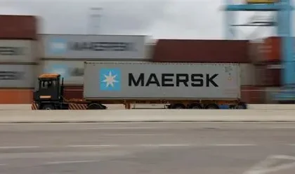 Maersk container ship navigating global shipping routes amid Iran conflict.
